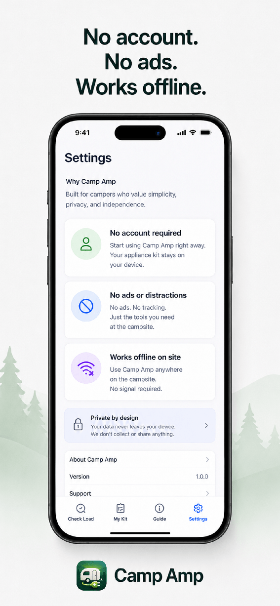 Camp Amp settings screen — no account, no ads, works offline